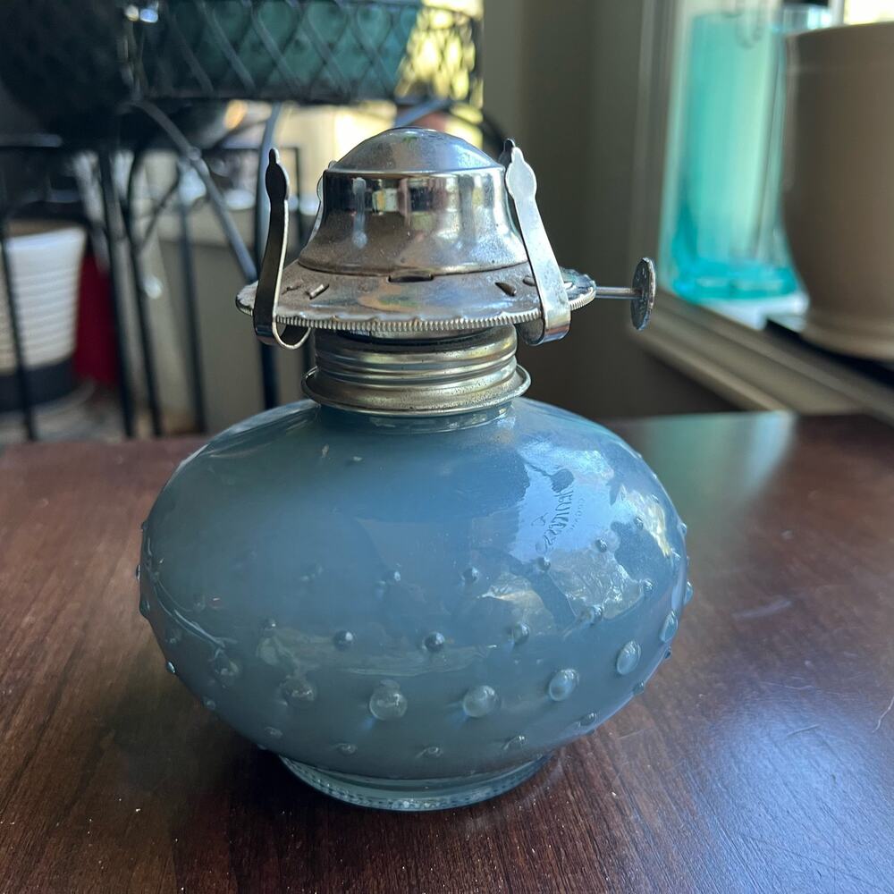 Vintage Lamplight Farms Blue Glass Kerosene Oil Lamp Base Hobnail Blue Grey